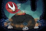 anthro belly big_belly big_butt black_body butt female fungus genitals group huge_belly huge_butt inflation inside mushroom obese overweight pussy text lowkey hollow_knight team_cherry hornet_(hollow_knight) arthropod insect 2020 absurd_res hi_res