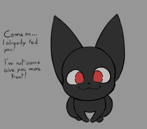 ambiguous_feral ambiguous_gender black_body cat_smile dialogue feral grey_background high-angle_view looking_at_viewer offscreen_character paws quadruped red_eyes simple_background solo text mrmystery_guy domestic_cat felid feline felis mammal 2026 digital_drawing_(artwork) digital_media_(artwork) english_text flat_colors