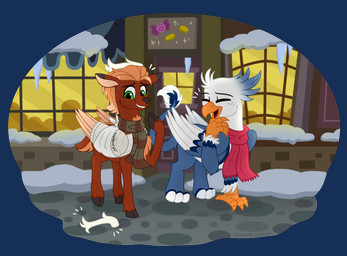 antlers broken_wing brown_body brown_feathers cast feathered_wings feathers feet fur green_eyes hair hooves horn leafy_skies mane medical_sling shedding_antlers short_hair short_tail tail tan_body tan_feathers toes wings pink-pone mythology windchaser deer mammal mythological_creature peryton alpha_channel hi_res nonbinary_(lore)