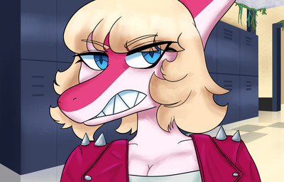 angry anthro blonde_hair blue_eyes bone_frill breasts clenched_teeth clothed clothed_anthro clothed_female clothing doorway eyebrow_through_hair eyebrows female frill_(anatomy) front_view glaring_at_viewer hair hallway inside jacket locker looking_at_viewer medium_hair non-mammal_breasts open_mouth pink_body red_body red_clothing red_jacket red_topwear sharp_teeth shirt solo spiked_jacket teeth topwear translucent translucent_hair white_clothing white_shirt white_topwear h0llowgraphic cavemanon_studios i_wani_hug_that_gator mia_moretti dinosaur hadrosaurid ornithischian ornithopod parasaurolophus prehistoric_species reptile scalie absurd_res bust_portrait colored hi_res portrait shaded