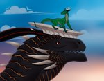 ambiguous/ambiguous ambiguous_gender black_body black_scales cheek_spikes duo facial_spikes feral green_body green_scales horn no_sclera red_eyes scales size_difference spikes spikes_(anatomy) white_horn raota mythology dragon mythological_creature mythological_scalie scalie