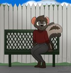 anthro bench black_nose blue_sky bottomwear brown_hair clothing cloud day detailed_background eyebrows eyewear fence fur glasses grey_body grey_bottomwear grey_clothing grey_fur grey_pants hair male male_anthro on_bench outside pants red_clothing red_sweater red_topwear rolled_up_sleeves round_ears round_glasses sidewalk sitting sitting_on_bench sky solo sweater tail teeth topwear sleepysheepy17 wix_(skunkwix) mammal mephitid skunk striped_skunk 2023 adobe_photoshop_(artwork) digital_drawing_(artwork) digital_media_(artwork) hi_res shaded soft_shading