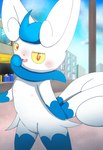 blue_body blue_fur blush female fur genitals looking_at_viewer nude outside public pussy solo white_body white_fur yellow_eyes blackgyakudora nintendo pokemon generation_6_pokemon meowstic pokemon_(species) hi_res