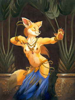 anthro beads belly_dancer belly_dancer_outfit breasts brown_body brown_fur brown_nipples casual_exposure claws clothed clothing dancer_outfit dancing dipstick_tail ear_piercing eyes_closed female front_view fur gem hair harem harem_outfit jewelry long_hair markings multicolored_tail navel nipples outstretched_arm paws pelvic_curtain piercing plant plant_pot potted_plant pottery ruby_(gem) silk skimpy slim small_breasts solo standing tail tail_markings topless translucent translucent_clothing vase whiskers white_body white_fur yellow_body yellow_fur scale_(artist) canid canine fennec_fox fox mammal true_fox 3:4 oil_painting_(artwork) painting_(artwork) portrait three-quarter_portrait traditional_media_(artwork) traditional_painting_(artwork)