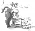 anthro belt breasts destruction dialogue female interrobang macro mostly_nude overweight overweight_anthro overweight_female smile solo standing text thick_thighs truck vehicle vondranart nintendo pokemon braixen generation_6_pokemon pokemon_(species) english_text greyscale monochrome