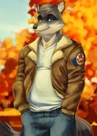 anthro autumn blue_eyes bottomwear clothed clothing denim denim_bottomwear denim_clothing fur grey_body grey_fur grey_hair grey_tail hair hand_in_pocket hands_in_both_pockets jacket jeans looking_at_viewer male maple_leaf outside pants pockets shirt smile smiling_at_viewer solo standing tail tan_clothing tan_jacket tan_topwear topwear v-neck white_clothing white_shirt white_topwear mikalapine wes_(mikalapine) mammal procyonid raccoon 2012 digital_media_(artwork) digital_painting_(artwork) painting_(artwork)