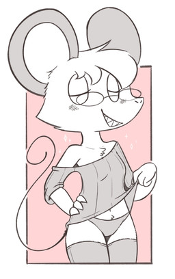 anthro clothed clothing clothing_lift eyewear female flat_chested glasses grin legwear panties presenting_panties presenting_underwear seductive shirt shirt_lift smile solo thigh_highs topwear underwear theartmanor molte mammal murid murine rodent hi_res monochrome