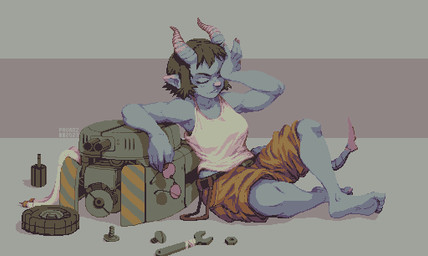 barefoot belt black_hair blue_body blue_skin blush blush_lines bottomwear breasts clothing engine eyes_closed eyewear feet female glasses hair holding_object horn long_tail mechanic muscular on_ground open_mouth pink_nose pointed_tail rubbing_eyes shirt short_hair shorts sitting solo tail tank_top tinted_glasses tools topwear wrench pavanz bheatrice_(arturmv) humanoid tiefling 2023 watermark