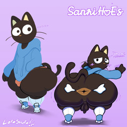 against_surface against_wall anthro anus backsack balls big_anus big_butt black_body black_eyes black_fur blue_clothing blue_footwear blue_hair blue_shoes bottom_heavy brown_anus brown_nose bubble_butt bulge butt cat_tail clothed clothing curvy_figure embarrassed femboy flaccid footwear fur g-string genitals glistening glistening_anus glistening_balls glistening_genitalia hair hand_on_butt hands_on_wall hoodie huge_butt huge_thighs long_whiskers looking_back male motion_lines mouthless no_underwear penis perineum purple_background shoes shortstack shortstack_male shy simple_background small_penis socks solo spread_anus spread_butt spreading tail text thick_thighs thong timid topwear underwear voluptuous voluptuous_anthro voluptuous_male whiskers wide_hipped_anthro wide_hipped_male wide_hips lofasnofa hello_kitty_(series) sanrio chococat domestic_cat felid feline felis mammal 1:1 2024 absurd_res artist_name colored digital_drawing_(artwork) digital_media_(artwork) hi_res shaded