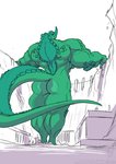 2020 anthro back_muscles big_muscles bodily_fluids butt conditional_dnp dam female green_body green_scales horn huge_muscles jollyjack kaiju macro muscular muscular_anthro muscular_female reptile restricted_palette river scales scalie solo tail water