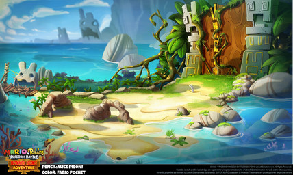 ambiguous_anthro ambiguous_gender anthro beach blue_sky cliff cloud copyright_symbol day door fern fur grass light long_ears nude_ambiguous nude_anthro outside palm_tree pier plant rock roots sand sea short_legs sky solo standing symbol text title tree water white_body white_fur year alice_pisoni fabio_pochet donkey_kong_(series) mario_bros mario_plus_rabbids_kingdom_battle nintendo raving_rabbids rayman_(series) ubisoft anthozoan aquatic cnidarian coral lagomorph mammal rabbid 2018 artist_collaboration colored concept_art crossover digital_drawing_(artwork) digital_media_(artwork) english_description english_text hi_res lighting official_art shaded