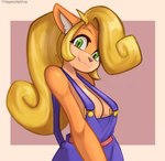 anthro big_breasts blonde_hair breasts clothed clothing eyebrows female fur green_eyes hair long_hair looking_at_viewer multicolored_body multicolored_fur nipples overalls ponytail solo tan_body tan_fur two_tone_body two_tone_fur triggerpigart activision crash_bandicoot_(series) coco_bandicoot bandicoot mammal marsupial absurd_res half-length_portrait hi_res portrait