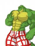 abs alligator alligatorid anthro athletic biceps big_muscles biped bottomwear bulge clothed clothing crocodile crocodilian crocodylid green_body green_skin heart_symbol horn huge_muscles male muscular muscular_anthro muscular_male orange_eyes pec_grab pecs pose reptile scales scalie short shorts simple_background solo standing topless wani white_background yellow_body yellow_eyes yellow_skin yongdasom