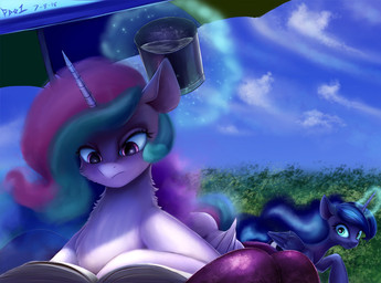 blue_eyes book bucket container duo female fluffy horn parasol purple_eyes sun water wings foughtdragon01 friendship_is_magic hasbro my_little_pony mythology princess_celestia_(mlp) princess_luna_(mlp) equid equine mammal mythological_creature mythological_equine winged_unicorn 2018 sibling_(lore) sister_(lore) sisters_(lore)