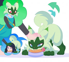 after_transformation ass_up body_swap bowl container duo eating eating_food female feral food_bowl fur green_body green_fur headpat jack-o'_pose open_mouth pet_bowl petting pose species_transformation spiral spiral_eyes tail tail_motion tailwag trainer_role_reversal transformation korick17 nintendo pokemon liko_(pokemon) felid feline floragato generation_9_pokemon human mammal pokemon_(species) hi_res