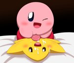 bed blush bodily_fluids cum cum_on_face cum_on_own_face cum_on_self duo female furniture genital_fluids genitals male male/female on_bed one_eye_closed open_mouth penis pink_body pussyjob sex yellow_body minami_(artist) kirby_(series) nintendo the_legendary_starfy_(series) kirby starfy alien asterozoan echinoderm marine starfish waddling_head hi_res