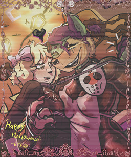 anthro breasts clothed clothing collar cosplay costume crossdressing duo gynomorph hair_up heart_symbol hockey_mask holidays intersex latex latex_clothing latex_skinsuit leash leash_pull leashed_collar male mask multiple_piercings piercing skinsuit sports_mask sportswear tight_clothing eye_after_dark halloween patchwork_malum_(eye_after_dark) victor_brightside_(eye_after_dark) human mammal patchwork_creature undead zombie 5:6 absurd_res hi_res