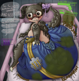 after_transformation age_regression anthro big_diaper black_body black_scales blort blush brown_eyes claws crib dialogue diaper excessive_feces eye_scar facial_scar fart fart_cloud feces female finger_claws full_diaper horn huge_diaper hyper hyper_feces hyper_soiling inside level_drain neonate one_leg_up pooping protruding_teeth raised_leg ribbons scales scar sitting_on_diaper soiled_diaper soiling soiling_diaper solo straining tail text toe_claws unclean_diaper used_diaper using_diaper young tripledeckerxia fallout microsoft deathclaw scalie absurd_res english_text hi_res