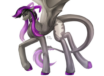 2_horns bent_legs black_collar black_eyebrows black_mane closed_frown collar eyebrows female female_feral feral frown fur grey_body grey_fur grey_tail hooves horn light long_mane long_tail mane mouth_closed multicolored_mane purple_eyes purple_hooves purple_horn purple_tail_tuft quadruped solo spread_wings tail tail_tuft text tuft two_tone_mane unguligrade walking wings rayrage hasbro my_little_pony fan_character bat_pony equid mammal 2021 artist_name colored digital_drawing_(artwork) digital_media_(artwork) english_description lighting shaded