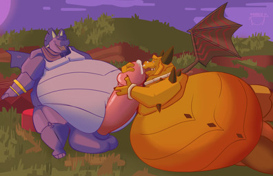 anthro belly big_belly big_penis bodily_fluids cum duo genital_fluids genitals male male/male overweight overweight_anthro overweight_male penis wings burdeensfw activision mythology spyro_reignited_trilogy spyro_the_dragon argus_(spyro) magnus_(spyro) rescued_dragons_(spyro) dragon mythological_creature mythological_scalie scalie absurd_res hi_res