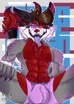 anthro balls_outline blush body_hair bulge clothed clothing detailed_bulge fluffy fluffy_tail fur genital_outline hair looking_at_viewer male nipples outline red_eyes simple_background smile solo tail tongue josendall_art shadow_(josendall) canid canine fox mammal absurd_res digital_media_(artwork) hi_res