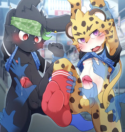 accessory anthro arm_grab balls bangs black_balls black_body black_penis blue_clothing blue_footwear blue_socks blush bodily_fluids chest_grab clothed clothing clothing_lift countershade_torso countershading detailed_background disembodied_hand dripping duo ear_piercing erection feet footwear foreskin fur genital_fluids genital_outline genitals headband humanoid_genitalia humanoid_penis inside_train leg_grab male male/male male_anthro markings navel nipples open_mouth partially_clothed penis piercing precum precum_drip public public_exposure purple_eyes raised_leg red_clothing red_eyes red_footwear red_socks retracted_foreskin shirt shirt_lift shirt_up short short_anthro short_male socks spots spotted_body spotted_fur tears topwear touching_chest train vehicle whiskers white_penis yellow_balls yellow_body young young_anthro tsukane_yoda felid lagomorph leopard leporid mammal pantherine rabbit 2022 absurd_res digital_media_(artwork) hi_res