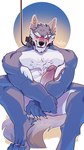 anthro circumcised collar ear_piercing ear_ring genitals male penis piercing ring_piercing scar solo rayoriens dislyte lilith_games freddy_(dislyte) canid canine canis mammal wolf 9:16 hi_res