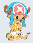 anthro antlers blush bodily_fluids clenched_teeth clothed clothing diaper embarrassed genital_fluids hat headgear headwear hooves horn looking_up male sitting skull_and_crossbones solo spread_legs spreading teeth unclean_diaper urine used_diaper wearing_diaper wet_diaper wetting kuuneho one_piece tony_tony_chopper deer mammal absurd_res hi_res