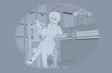apron book bottomwear clothing female gloves gunsmith handwear hat headgear headwear humanoid_pointy_ears humor joke pointy_ears procrastinating reading reading_book skirt solo workshop elmutanto fifty_shades_of_grey yola_(elmutanto) elf human humanoid mammal wood_elf absurd_res hi_res sketch