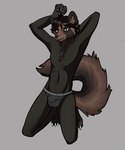 anthro blue_eyes claws clothed clothing hand_above_head hand_behind_head kneeling looking_at_viewer male navel presenting_crotch raised_tail sheath_bulge smile solo spread_knees tail toe_claws underwear underwear_only banoncat canid canine mammal raccoon_dog tanuki 2021 hi_res