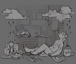 anthro belly_hair body_hair bucket chest_hair cleaning_tool cloud container crowbar detailed_background drill grey_body hair hammer lying male mop navel nipples open_mouth pawpads raining slightly_chubby slightly_chubby_anthro slightly_chubby_male solo tired tools nudelinooo hyena mammal 2022 digital_media_(artwork) greyscale hi_res monochrome sketch