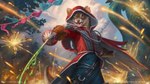 1_eye anthro cloak clothing earhole fireworks male melee_weapon rapier red_cloak red_clothing solo sword weapon christina_kraus hasbro magic:_the_gathering wizards_of_the_coast cruelclaw_(bloomburrow) mammal mustelid musteline stoat true_musteline weasel hi_res official_art