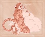 anthro anthro_pred arm_tuft belly big_belly big_breasts big_butt blizzieart breasts butt covering covering_mouth digital_media_(artwork) dipstick_tail elbow_tuft eyes_closed fangs felid female female_pred hair hi_res huge_belly kneeling leopard long_hair mahiri mammal markings monochrome open_mouth pantherine pawpads rear_view same_size_vore sharp_teeth spots spotted_body tail tail_markings teeth tongue tongue_out tuft unseen_prey vore yawn