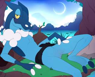 2_toes 3_fingers anthro belt biped black_eyes blue_body blue_nose blue_skin blue_sky clitoris crescent_moon detailed_background featureless_chest feet female female_anthro fingers flower front_view genitals grass leaf looking_at_viewer lying moon narrowed_eyes nature nude nude_anthro nude_female on_back on_grass on_ground pink_clitoris pink_vulva plant pose presenting presenting_vulva semi-anthro sky smile smiling_at_viewer snout solo star starry_sky toes tree vulva water water_lily yellow_sclera meraence nintendo pokemon amphibian frog frogadier generation_6_pokemon pokemon_(species) 2024 digital_media_(artwork) hi_res