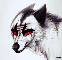 ambiguous_gender black_body black_ears black_fur black_nose cheek_tuft facial_tuft feral fur glistening glistening_eyes mouth_closed narrowed_eyes neck_tuft no_sclera red_eyes side_view simple_background solo text tuft whiskers white_background white_body white_fur unknowhiter canid mammal 2015 artist_name