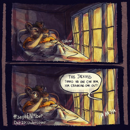 anthro bite caught caught_in_the_act caught_masturbating dialogue embarrassed exclamation_point eyes_closed finger_bite finger_in_mouth laugh male masturbating_on_bed masturbation offscreen_character prison prison_uniform solo sound_effects text under_blanket under_covers kittee_mortis septenmber john_ricardo african_wild_dog canid canine mammal 1:1 comic digital_media_(artwork) english_text hi_res