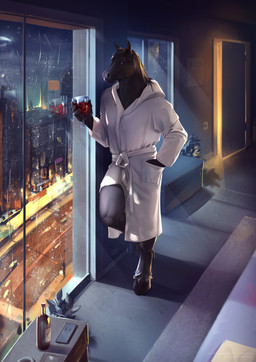 anthro bathrobe black_body black_fur black_hair blue_eyes clothed clothing container cup drinking_glass fur glass glass_container glass_cup hair hand_in_pocket holding_container holding_cup holding_drinking_glass holding_object holding_wine_glass inside male male_anthro mouth_closed pockets raining robe solo standing window wine_glass satanic_monkey hisao_matsumoto equid equine horse mammal absurd_res full-length_portrait hi_res portrait