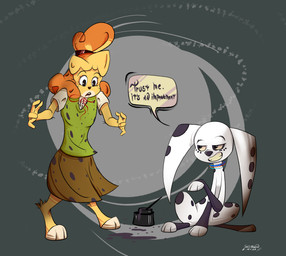 3_toes anthro bell_hair_tie black_eyes black_nose black_paint black_spots blue_collar border bottomwear bow_tie brown_bottomwear brown_clothing brown_skirt clothing collar duo feet female feral floppy_ears freckled_face freckles fur green_clothing green_topwear green_vest hair leg_markings markings orange_collar orange_ears orange_hair paint pattern_clothing ponytail red_bow_tie shirt sitting skirt smile socks_(marking) spots spotted_body spotted_clothing spotted_ears spotted_fur toes topwear vest white_body white_border white_clothing white_fur white_shirt white_topwear yellow_body yellow_fur cadencezazerwit 101_dalmatian_street 101_dalmatians animal_crossing disney nintendo dolly_(101_dalmatians) isabelle_(animal_crossing) canid canine canis dalmatian domestic_dog mammal shih_tzu toy_dog 2020 crossover hi_res