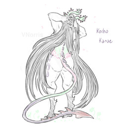 black_body black_fur black_hair branch branch_horn claws digitigrade female fur green_body green_fur hair hands_behind_head hands_in_hair kanae_(demon_slayer) long_hair markings paws pink_body pink_fur plant plant_horn pseudo_horn purple_markings purple_text rear_view solo spikes spikes_(anatomy) tail text puppetmaster13uwu demon_slayer kimetsu_no_yaiba demon humanoid tailed_humanoid sketch
