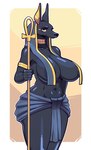 amber_eyes anthro big_breasts black_body black_fur breast_curtains breasts clothed clothing female fur gold_(metal) gold_jewelry huge_breasts jewelry nipples solo staff thick_thighs butter_sugoi middle_eastern_mythology mythology anubian_jackal canid canine canis jackal mammal absurd_res hi_res