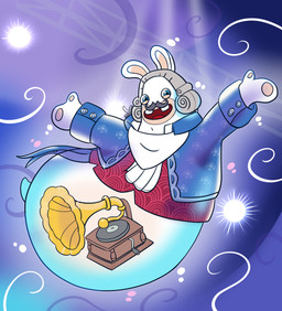 anthro black_bow black_facial_hair black_mustache blue_background blue_clothing blue_eyes blue_suit blue_tail bottomless bottomless_anthro bottomless_male buckteeth button_(fastener) clothed clothed_male clothing cravat curly_hair facial_hair glint gramophone grey_hair hair hand_pawpads happy legless lidded_eyes light long_ears long_hair male male_anthro mitten_hands mustache no_eyebrows noseless open_mouth open_smile overweight overweight_anthro overweight_male pawpads red_clothing red_tongue red_topwear red_vest simple_background smile smiling_at_viewer solo suit tail tan_eyelids tan_inner_ear tan_pawpads teeth tongue topwear translucent translucent_body vest white_cravat fuposey mario_bros mario_plus_rabbids_kingdom_battle nintendo raving_rabbids rayman_(series) ubisoft phantom_of_the_bwahpera ghost hybrid lagomorph mammal rabbid spirit 2023 colored crossover digital_drawing_(artwork) digital_media_(artwork) english_description full-length_portrait hi_res lighting portrait shaded