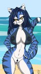 anthro beach big_breasts bikini blue_body blue_fur blue_hair blue_pubes bottoms breasts clothed clothing fangs female fluffy fluffy_fur fur genitals hair looking_at_viewer messy_hair nipples nude outside pubes pussy sand sea seaside smile smirk solo stripes summer swimwear teeth topless tuft two-piece_swimsuit water yellow_eyes omgawd felicia_(tailsrulz) felid feline mammal pantherine tiger 9:16 hi_res portrait three-quarter_portrait