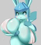 2020 3_fingers anthro anthrofied big_breasts bikini blue_body blue_eyes blue_fur blush breasts canid chest_tuft cleavage clothed clothing digital_media_(artwork) dipstick_tail eeveelution female female_anthro fingers fluffy fur generation_4_pokemon glaceon gloves_(marking) grey_background half-length_portrait hi_res huge_breasts kemono looking_at_viewer mammal markings mokotomuku77 multicolored_tail nintendo paws pokemon pokemon_(species) pokemorph portrait simple_background solo swimwear tail tail_markings topwear tuft