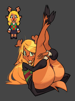 anthro antlers big_butt black_bottomwear black_clothing black_shirt black_skirt black_topwear blonde_hair bottomwear brown_body brown_fur buckteeth butt cartoon_freckles clothed clothed_anthro clothed_female clothing eyelashes female female_anthro freckled_butt freckled_face freckles fur green_clothing green_topwear green_vest grey_background hair holding_both_legs holding_legs_up hooves horn humanoid_hands long_eyelashes looking_at_viewer lying on_back scut_tail shirt short_tail simple_background skirt smile smiling_at_viewer solo tail teeth thick_thighs topwear upskirt vest wels deltarune undertale_(series) noelle_holiday deer mammal 2026 digital_media_(artwork) reference_image
