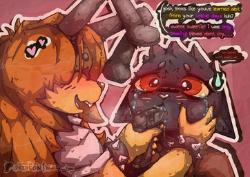 antennae_(anatomy) anthro bad_trigger_discipline blush bodily_fluids bracelet clothed clothing cute_fangs dialogue duo fangs female female/female forced fur glistening glistening_body glowing glowing_eyes gun gunpoint hair handgun holding_gun holding_object holding_ranged_weapon holding_weapon imminent_death jewelry open_mouth ranged_weapon red_eyes simple_background snuff spiked_bracelet spikes tears teeth text topwear weapon yellow_body khalfy_kun night_in_the_woods mae_borowski rebekah_(khalfy_kun) arthropod bee domestic_cat felid feline felis hymenopteran insect mammal absurd_res english_text hi_res