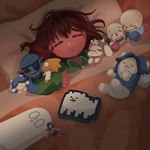 :3 anthro bed bedding bird's-eye_view blanket blush bone character_plushie clothed clothing eyes_closed fur furniture hair happy high-angle_view lying lying_on_bed machine on_bed open_mouth pillow plushie skeleton sleeping smile teeth topwear toy under_covers white_body white_fur undermomoka undertale undertale_(series) alphys annoying_dog_(undertale) asriel_dreemurr frisk_(undertale) mettaton napstablook papyrus_(undertale) sans_(undertale) temmie_(undertale) undyne animal_humanoid boss_monster_(undertale) bovid canid canine canis caprine domestic_dog felid feline fish fish_humanoid ghost human humanoid mammal marine marine_humanoid reptile robot scalie spirit tem 1:1 digital_media_(artwork)