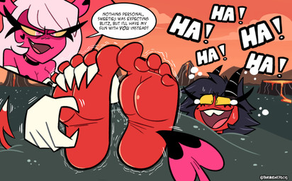 5_toes barefoot feet female foot_fetish foot_focus hair horn laugh open_mouth red_body text tickling tickling_feet toes yellow_sclera yourhardnerdcollector hellaverse helluva_boss millie_(helluva_boss) verosika_mayday demon demon_humanoid humanoid imp mammal english_text hi_res