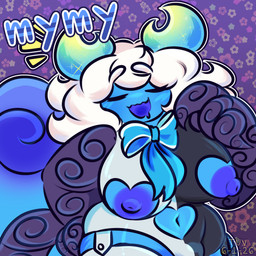 2_horns areola belly big_nipples blue_body blue_skin bodysuit bow_ribbon bulge claws clothing eyes_closed garter_straps gynomorph hair hole_in_shirt horn intersex navel nipples open_mouth skinsuit solo tight_clothing toothless_mouth white_hair conditional_dnp tuvandalist mymy_(tuvandalist) humanoid jellsilisk 1:1 hi_res