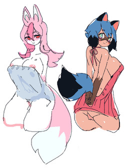anthro areola areola_slip big_breasts blue_body blue_eyes blue_fur blue_hair blush breasts brown_body brown_fur butt clothed clothing duo eyebrows eyelashes female fluffy fluffy_tail fur genitals hair long_hair looking_at_viewer looking_back nipples nude pink_body pink_eyes pink_fur pink_hair side_boob simple_background skimpy smile sweater tail thick_thighs topwear virgin_killer_sweater vulva white_background white_body white_fur minontui brand_new_animal meme_clothing studio_trigger michiru_kagemori nazuna_hiwatashi canid canine fox mammal raccoon_dog tanuki 2020 digital_media_(artwork) hi_res meme sketch