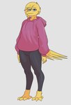 4_toes 5_fingers anthro avian_feet biped black_clothing black_leggings black_legwear blonde_hair blue_eyes blush clothed clothed_anthro clothed_male clothing eyebrows feathers feet fingers front_view hair hoodie humanoid_hands leggings legwear looking_at_viewer male medium_hair purple_clothing purple_hoodie purple_topwear simple_background solo standing tail tail_feathers toes topwear white_background yellow_body yellow_feathers hyuvevo hyu_(hyuvevo) avian bird 2024 absurd_res colored full-length_portrait hi_res portrait